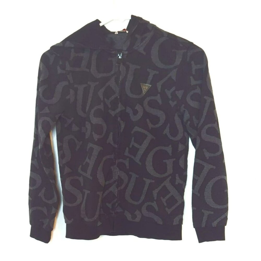 Guess Black Gray Logo Print Hoodie Jacket Boys Size Medium